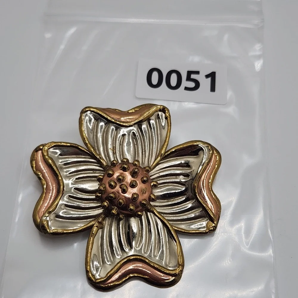 Vintage‎ Brutalist Sigh SJ Mixed Metal Dogwood Flower Brooch Pendant Taxco MCM